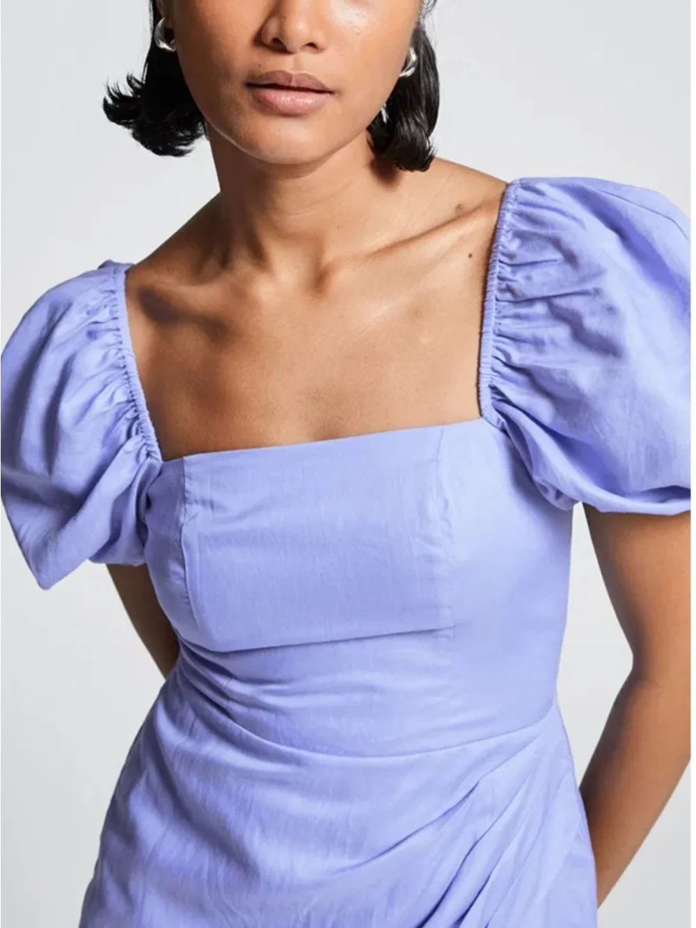 & Other Stories Fitted Asymmetric Puff Sleeve Dress. Linen. Square Neck. Midi